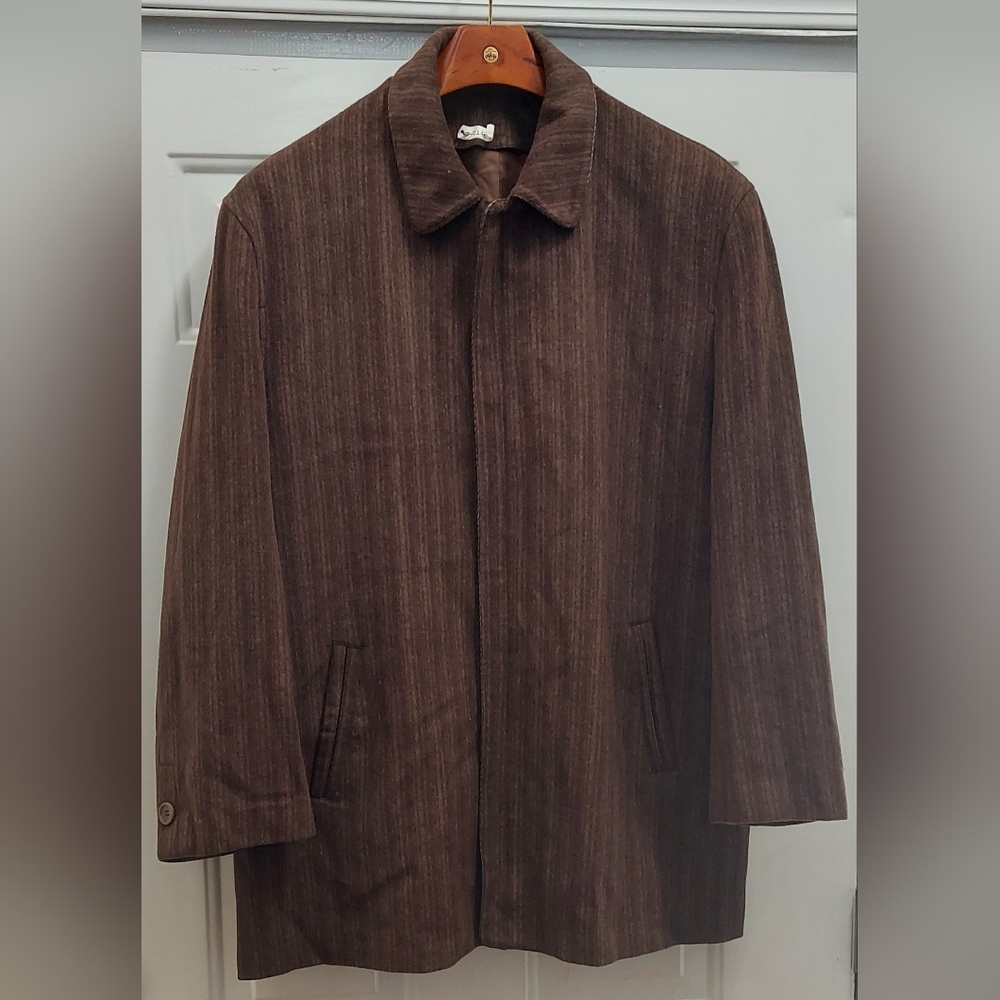 INSERCH ITALY MEN'S BROWN STRIPED WOOL-VISCOSE- POLYESTER BLEND OVERCOAT SIZE 46